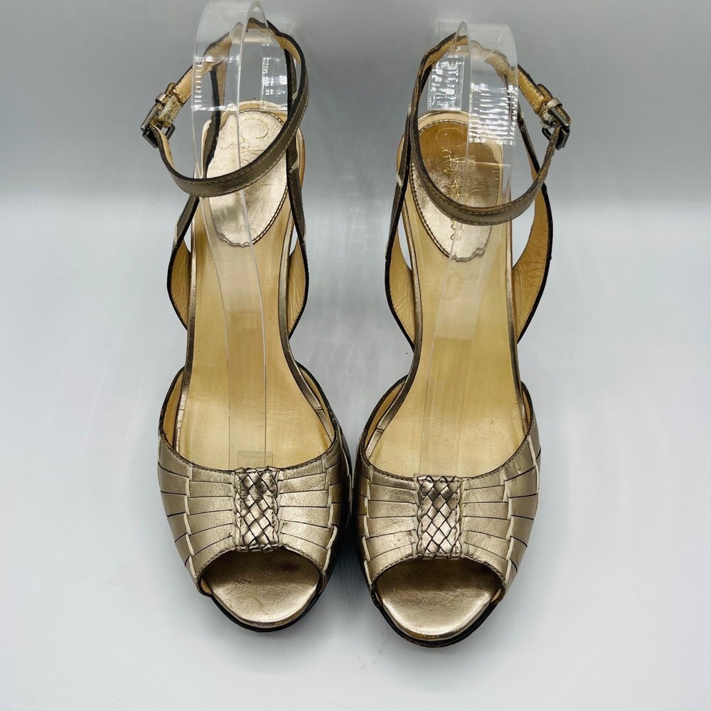 Cole Haan  Gold Metallic Leather Platform Sandals Ankle Strap 38.5